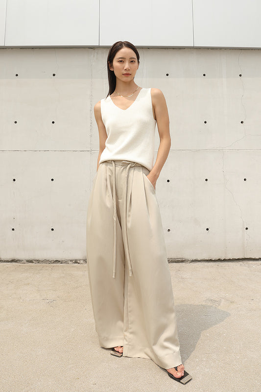 Drawstring Wide Trousers | Beige